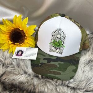Camo and White Trucker Hat with Skull Design
